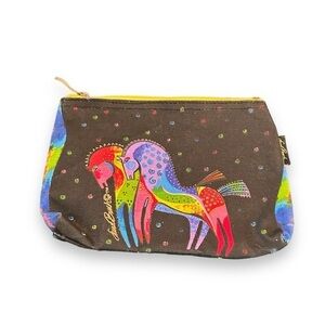 Laurel Burch horse printed canvas zip mini bag makeup bag clutch pencil pounce